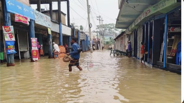 জগন্নাথপুরের রানীগঞ্জ বাজারে হাটু পানি, নিম্নাঞ্চলের গ্রামে ঢুকছে পানি