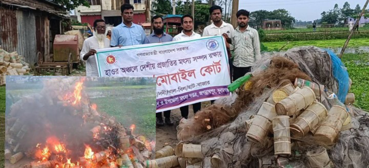 জগন্নাথপুরে ভ্রাম্যমাণ আদালতের মাধ্যমে মাছ ধরার অবৈধ সরঞ্জাম জব্দ করে ধ্বংস করা হয়েছে